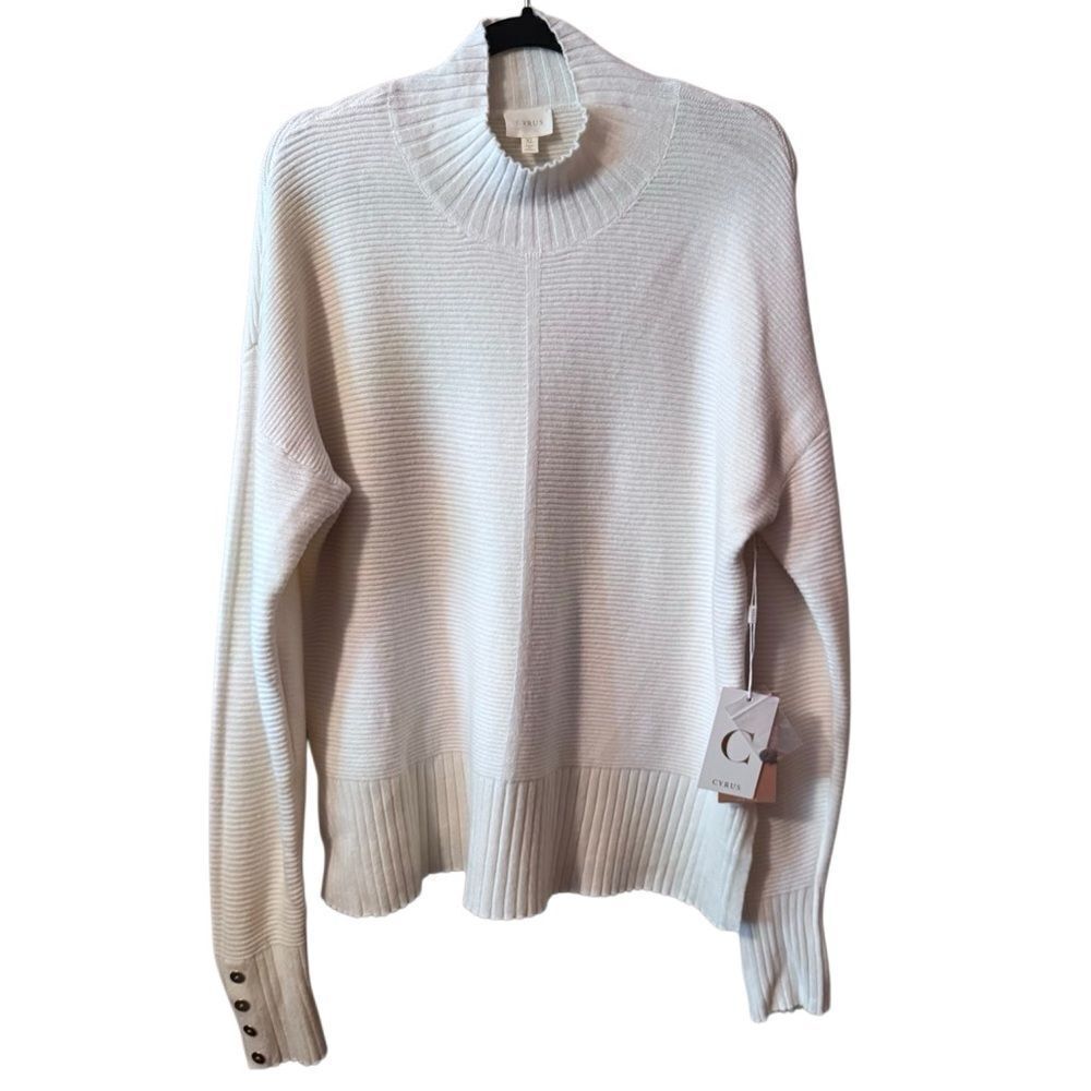 NWT- Cyrus- Cream Ribbed Oversized Turtleneck Sweater Gold Button Cuffs, Size XL